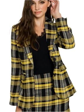 Gray Lab Yellow and Black Plaid Tailored Blazer